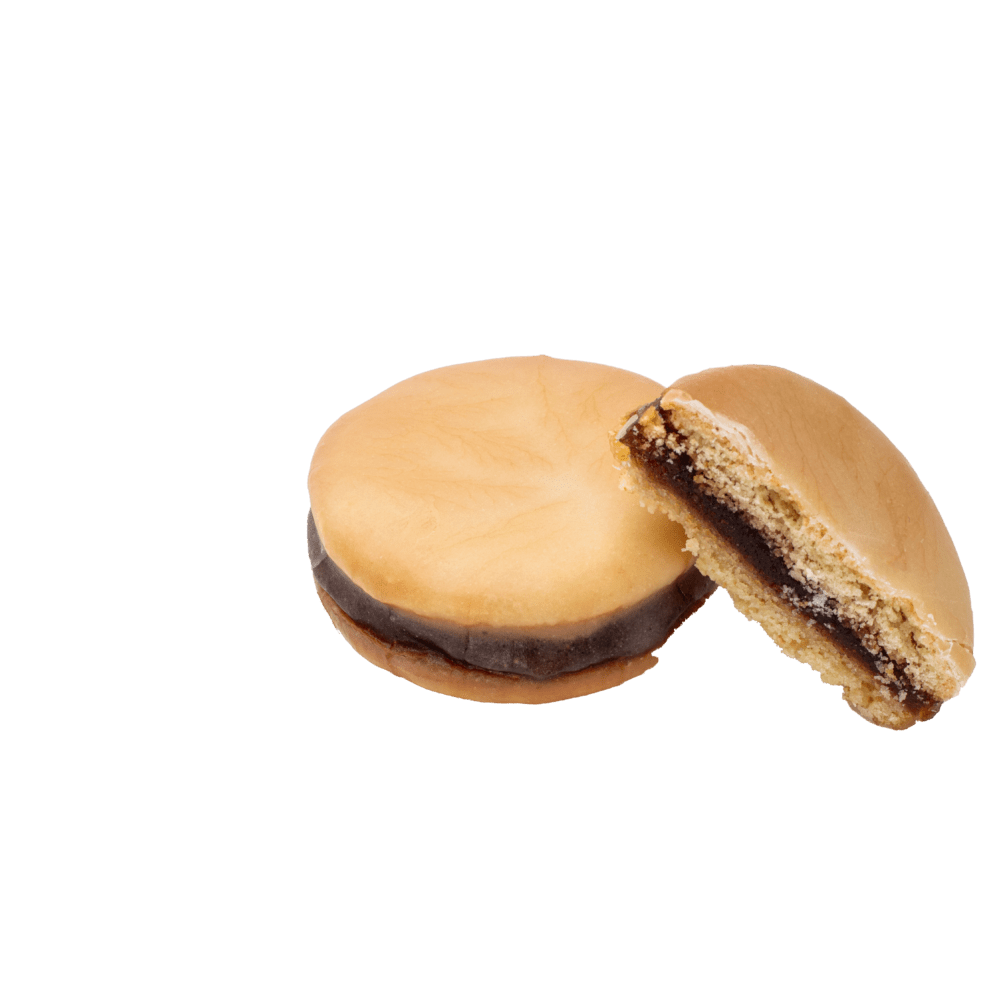 Alfajor cordobés de fresa partido a la mitad para mostrar el generoso relleno - Argenpastry SL